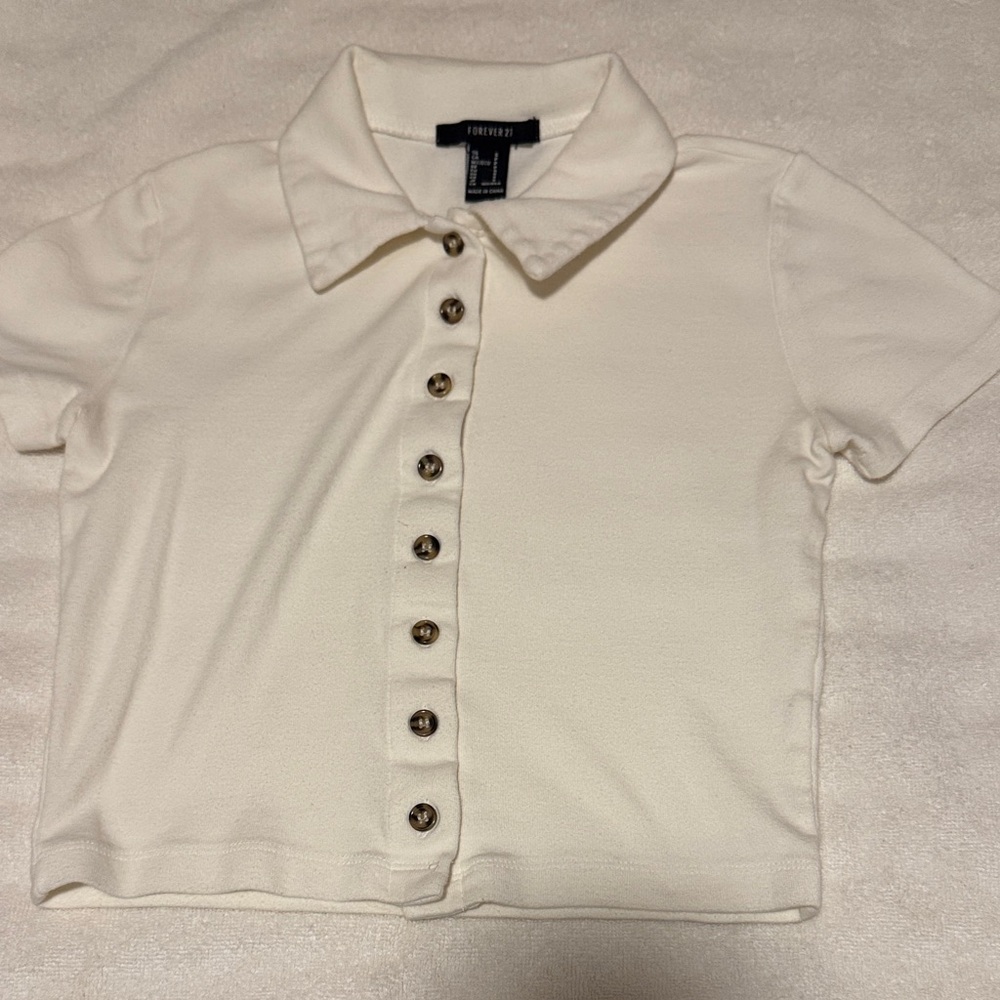 Forever 21 Ivory Polo Crop Top with Buttons